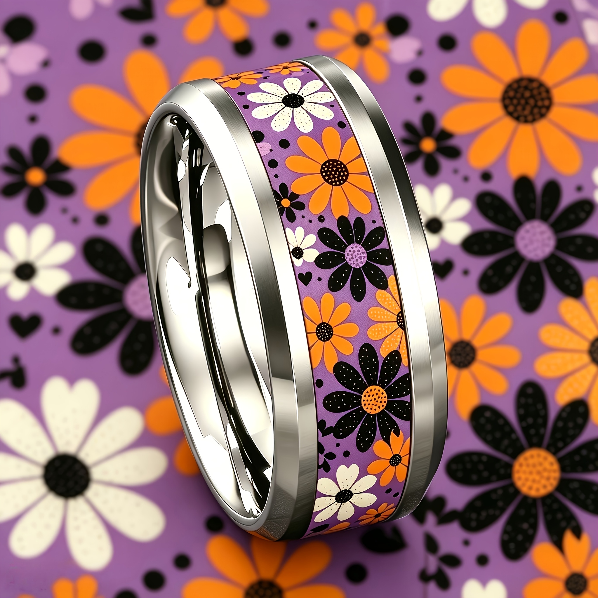 Purple Base Contrast Daisy Print Stainless Steel Ring